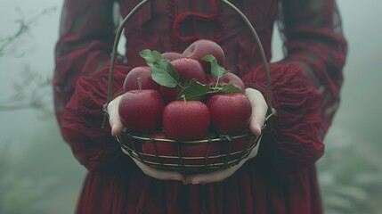   A woman in a red dress holds a basket filled with apples against a foggy backdrop