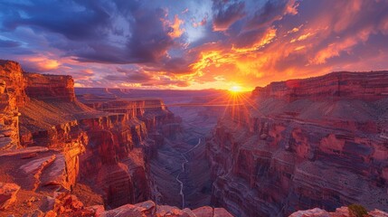 Breathtaking sunset over a majestic canyon with a visible suspension bridge in a rugged landscape - obrazy, fototapety, plakaty