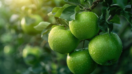 Green, crisp apples hang from the branches of a tree.