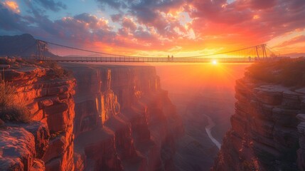Breathtaking sunset over a majestic canyon with a visible suspension bridge in a rugged landscape - obrazy, fototapety, plakaty