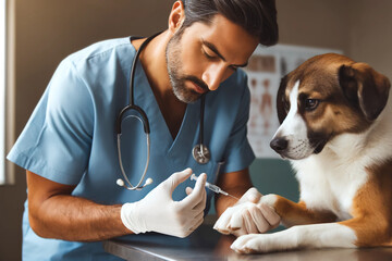 veterinarian giving an injection to a sick dog in the clinic