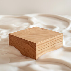 Mini wooden podium made of oak for product presentation in milk pool with waves