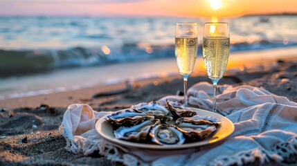 Romantic beach picnic  couple enjoying sunset with oysters and sparkling wine by the sea