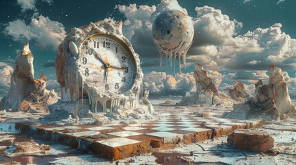Surreal landscape with melting clock and chessboard under a dramatic sky - obrazy, fototapety, plakaty
