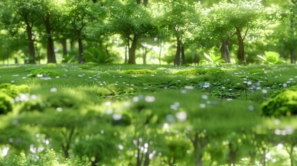 Obraz premium A verdant forest teeming with countless trees and white flowers atop a lush, green grassy expanse