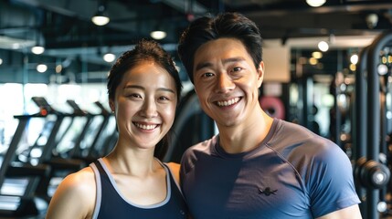 Happy Asian Couple Smiling for the Camera in Gym - obrazy, fototapety, plakaty