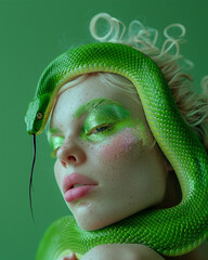 A depiction capturing a close-up portrait of a woman adorned with verdant hair, juxtaposed with the presence of a vibrant green serpent coiled around her visage and neck, complemented by green makeup