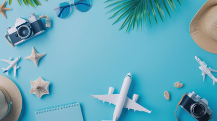 Summer travel essentials on blue background. Essentials include plane camera notebook, for beach vacation journey. Ideal for travel poster and banner advertisement.