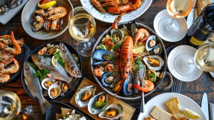 Variety of seafood dishes and white wine in glasses displayed on a spacious dining table