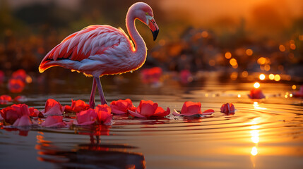 Lone Flamingo Ballet at Sunset.