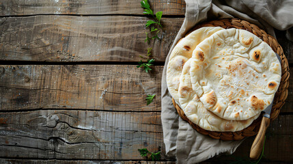 Traditional pita bread on rustic wood background