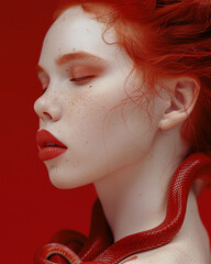 Close up Redhead Portrait with Snake snake wrapped around the face and neck: Golden red Makeup 