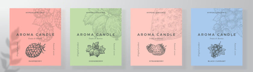 Aroma candle label design templates set. Scented air freshener product sticker mockup backgrounds collection Fruit berries scent decorative packaging layouts bundle