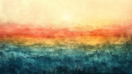 Sunrise hues gracefully blanket mountain silhouettes in watercolor - obrazy, fototapety, plakaty
