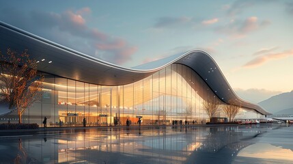 Modern airport terminal with sleek interior design and gleaming floors at sunset - obrazy, fototapety, plakaty