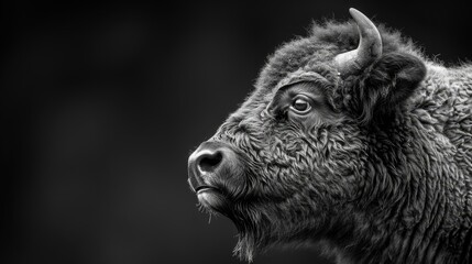 Obraz premium A monochrome image of a bison's head featuring lengthy horns and dense coat