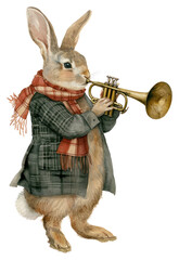 PNG  Rabbit playing trumpet watercolor animal mammal representation