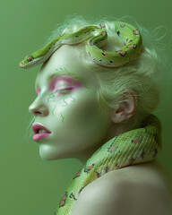 A depiction capturing a close-up portrait of a woman adorned with verdant hair, juxtaposed with the presence of a vibrant green serpent coiled around her visage and neck, complemented by green makeup