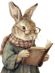 PNG  Rabbit reading book watercolor rodent mammal animal