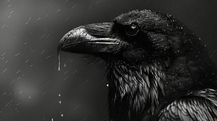   A tight shot of a black bird, adorned with water droplets on its face and beak - obrazy, fototapety, plakaty