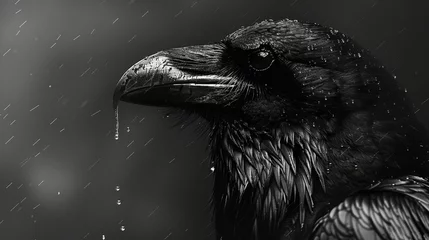 Foto op Canvas   A tight shot of a black bird, adorned with water droplets on its face and beak © Olga
