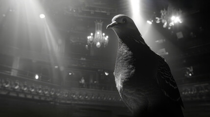  pigeon before chandelier-adorned stage