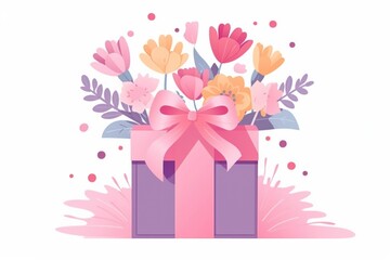 Elegant Floral Gift Box with Pink Bow and Blossoms Illustration