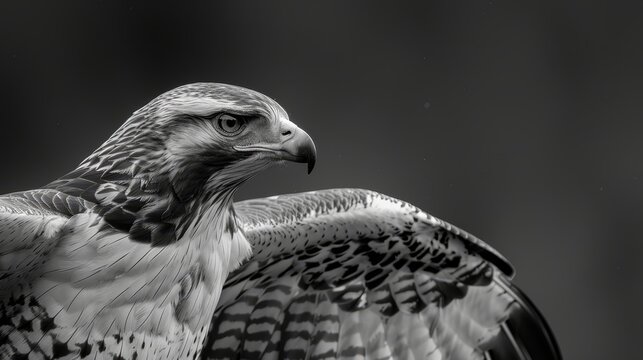   A black-and-white image of a hawk with wings spread and tilted head