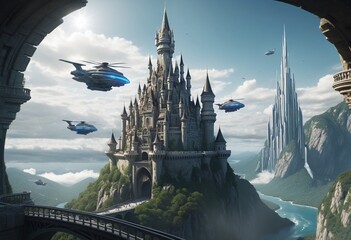 sci fi flying castle in bright colours  - obrazy, fototapety, plakaty