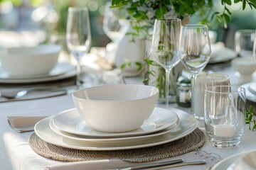 Fototapeta na wymiar Elegant Outdoor Dining Table Setup with Fine China and Glassware