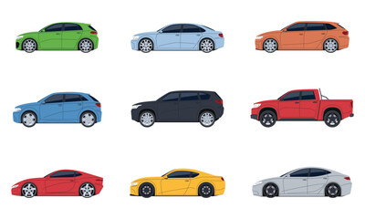 Set of cars of different models. Transport side view. Modern cars, SUVs, sports cars. Vector illustration