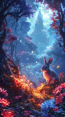 Enchanted Fantasy Woodland Landscape with Glowing Flowers and Mystical Rabbit