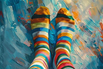 A pair of colorful socks with detailed stripes and an abstract pattern in the background in the style of an oil painting illustration. The simple composition uses vibrant colors  - obrazy, fototapety, plakaty