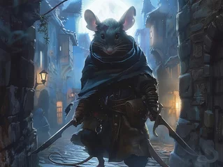 Foto op Canvas A stealthy Mouse Assassin cloaked in shadows with dual daggers at the ready lurking in the cobblestone alleyways of an ancient moonlit fantasy city © Thanaphon
