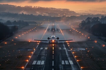 Plane takes off from the airport runway, illuminated by lights at sunset
