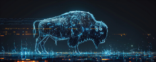 Majestic cybernetic bison its silhouette a wireframe mesh bathed in pulsating technological glow standing on a digital plane with floating tech elements