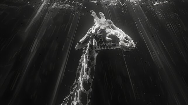   A monochrome image of a giraffe's head submerged in water, with rain cascading down