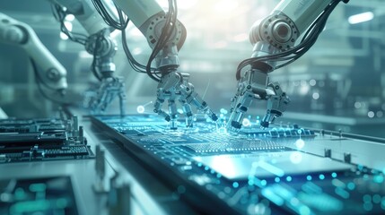 Robotic arms operating on a production line in a high-tech manufacturing facility, showcasing advanced automation and precision engineering.