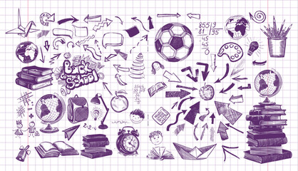 Large set of school items. Welcome Back to school. Drawing with a blue pen on a notebook sheet . Handmade, not AI Vector illustration
