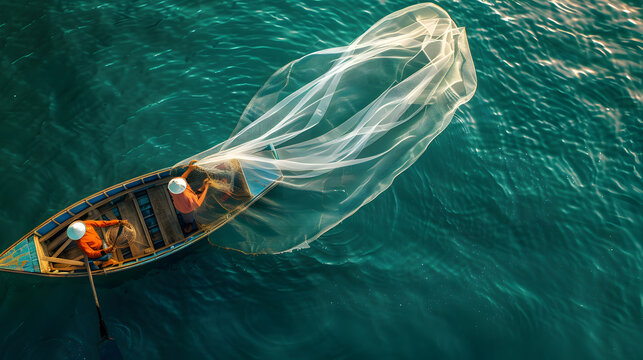 Aerial view of a solitary fisherman on a calm sea during sunrise casting a wide fishing net into the water