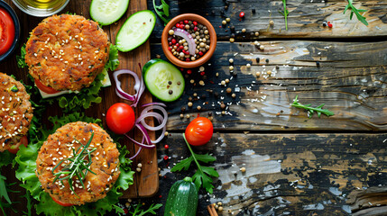 Vegan zucchini burger and ingredients on rustic wood