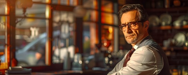 Male Manager Contemplating Business Growth in a Morning Coffee Shop