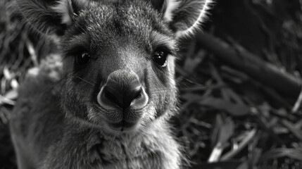   A monochrome image of a kangaroo gazing at the camera with an expression of astonishment, its nostrils visibly flared - obrazy, fototapety, plakaty