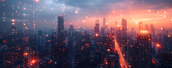 Obraz premium Captivating Cityscape at Dusk with Vibrant Lights and Towering Skyscrapers