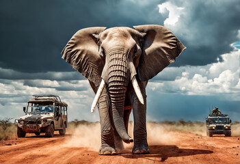 Elephant in african savannah and hunter with gun - obrazy, fototapety, plakaty