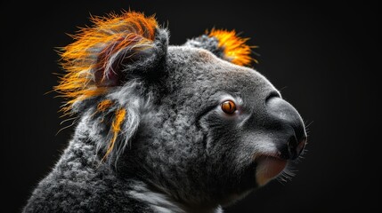 Fototapeta premium A tight shot of a koala's face against a black backdrop, sporting orange and yellow fur