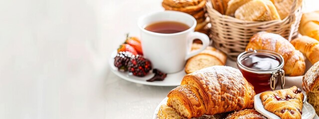 Warm and Inviting Bakery Breakfast Spread with Freshly Baked Basket and Plate of Bread