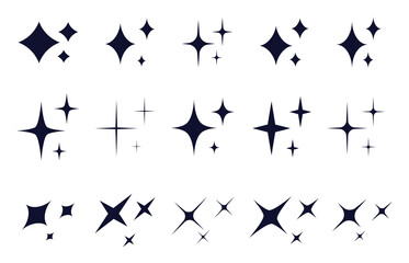 A set of different stars of sparkles. Bright flash icon. The shine of valuable things. Flicker light icon. Vector illustration