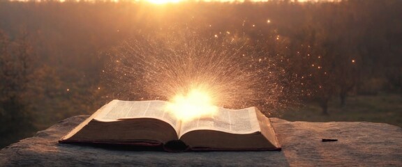 Light coming out of open book pages. Learning, education, knowledge and religion concept.