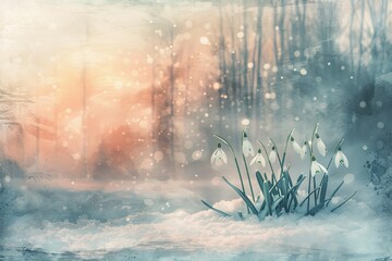 A serene winter dawn scene, delicate snowdrops rising from the powdery snow, their white blooms glowing against the morning light. Created Using: Pastel color palette, watercolor texture
